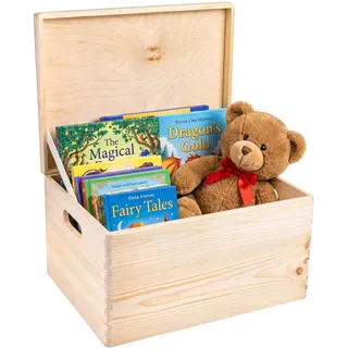 Creative Deco XXL Große Holzkiste mit Deckel | 40x30x24 cm (+/-1cm) | Ostern Holztruhe Erinnerungsbox Baby Holzbox mit Deckel und Griffen Kasten | Für Dokumente, Spielzeuge| ROH, UNGESCHLIFFEN