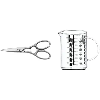 WMF Grand Gourmet Küchenschere 20 cm, Kapselheber, Schraubverschlussöffner, Cromargan Edelstahl & Gourmet Glas Messbecher 1,0l, hitzebeständiges Glas, Skalierung für Liter, Milliliter, Tassen
