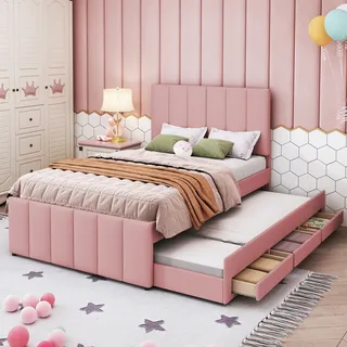 Flieks Polsterbett mit Unterbett, Einzelbett Jugendbett mit Lattenrost und Schubladen, Kinderbett Holzbett Gästebett Tagesbett 90x200/90x190cm, Leinen - Rosa