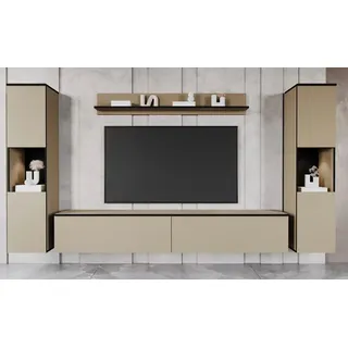 INOSIGN Wohnwand PARIS, Vitrine Türanschlag links/rechts wechselbar, (Komplett-Set, 4-St), TV-Wand 260cm breite, grifflose Design, stehend und hängend montierbar braun