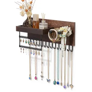 Lolalet hölzerner Wand‐Schmuckhalter mit 15 Haken -Schwarz | Wandmontage spart Platz für übersichtliche Schmuckaufbewahrung