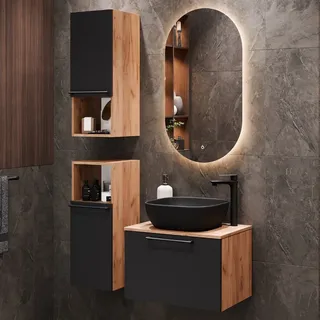 Waschtischunterschrank Astra 60 cm gold eiche / anthrazit mit Aufsatzwaschbecken schwarz, Spiegel (mit LED) und 2x Midischrank gold eiche / anthrazit