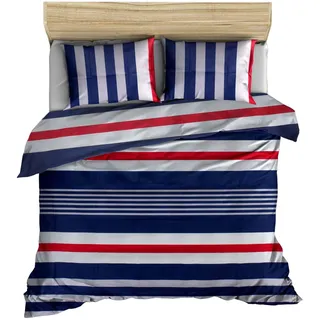 WELL HOME MOBILIARIO & DECORACIÓN Bettbezug-Set + 2 Kissenbezüge, 240 x 220 cm, Dunkelblau, Grau, Weiß, Rot