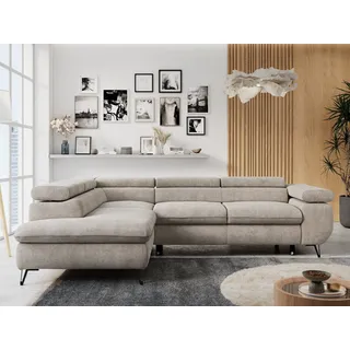 MKS Meble Ecksofa Sofa Beige, Wohnlandschaft L-Form mit Schlaffunktion und Bettkasten, Schlafsofa mit Bettkasten, Sofa mit Einstellbare Kopfstützen, Peter L - Beige Struktur - Links Beige - Beige