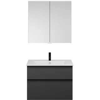 burgbad Eqio Set, bestehend aus Spiegelschrank, Keramik-Waschtisch Slim und Waschtischunterschrank, Breite 820mm, SHCP082F6584C0001G0252, Farbe: Dunkelgrau Matt / Dunkelgrau Matt, Griffleiste Schwarz
