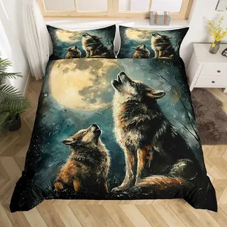 Homewish Wolf Bettbezug 200x200 für Jungen Mädchen Kinder Erwachsene,Galaxy Moon Wolf Bettwäsche Set Exotische Goth Home Decor,Wilde Safari Tiere Tröster Bezug,Jagd Wölfe Bett Set