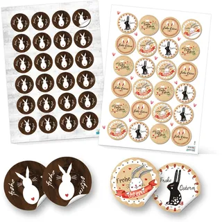 Logbuch-Verlag Osteraufkleber 2 x 48 Stück Osterhase Frohe Ostern Osteretikett Osterverpackung rund 4 cm braun weiß