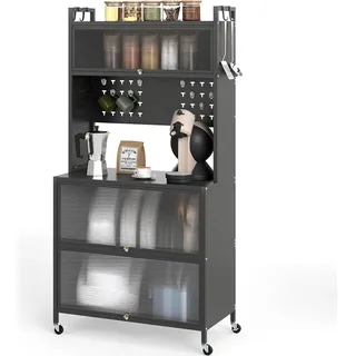 KOMFOTTEU Küchenschrank mit 5/6 Ebenen, Sideboard mit 4 Haken & 10 Dübeln, Buffetschrank mit Arbeitsplatte & Schränken, Küchenbuffet mit 4 Universalrollen (80 x 40 x 160 cm, Grau) - Grau