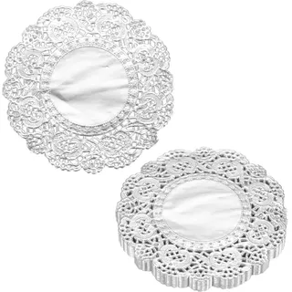 QUARKZMAN 200 Stück Tortenspitzen 8,9cm Rund, Silber | Dekoratives Einweg-Tischset aus Spitzenpapier für Kuchen Desserts Lebensmitteldekoration Hochzeit Geburtstag
