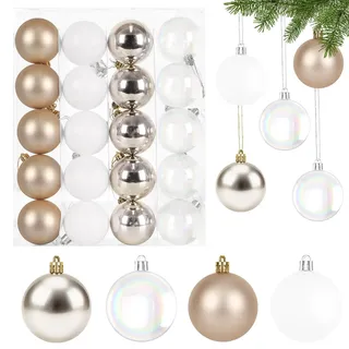 6CM Perlglanz Weihnachtskugeln Set,20 Stück Christbaumkugeln Kunststoff Champagner & Weiß Weihnachtsbaumkugeln Bruchsicher Weihnachtsdeko mit Aufhänger Weihnachten Deko Kugeln