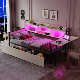 Flieks Schlafsofa Metallbett 90x200cm mit 2 Schubladen, Jugendbett Einzelbett mit Schreibtisch und Ladefunktion, Tagesbett mit Led, Weiß - Weiß