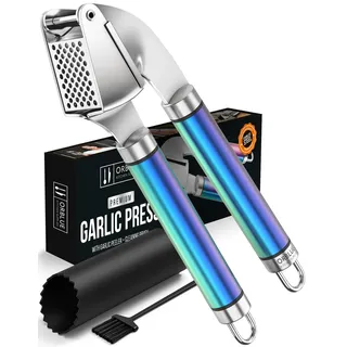 ORBLUE Knoblauchpresse Edelstahl Mehrfarbig – Premium Knoblauchpresse & Knoblauchreibe – Garlic Press mit Silikon-Schäler & Bürste, Robust, Ergonomisch & Spülmaschinenfest