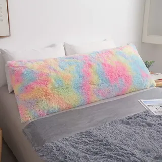 MEGO Flauschiger Kissenbezug mit Regenbogen-Druck, zotteliges Kunstfell, Batikfärbung, weicher Plüsch, Flauschiger Körper-Kissenbezug, pelziges langes Bettkissen mit Reißverschluss, für Kinder,