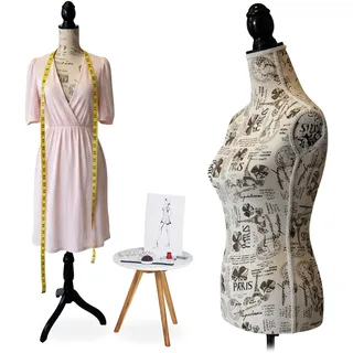 Relaxdays Schneiderpuppe, weiblich, Größe 36/38, höhenverstellbar 160–175 cm, Holzständer, Designwahl, Creme/schwarz