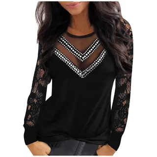 Spitzen Oberteile Damen Elegant - Glitzer Bluse V Ausschnitt Langarmshirt Damen Sexy V Ausschnitt Pailletten Mesh Spitzenbluse Tunika Top Festliche Party Oberteil Blusen & Tuniken für Damen