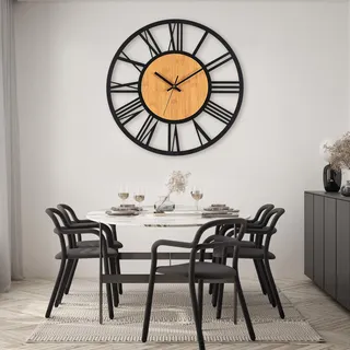 VIVILINEN Wanduhr groß 58cm aus Holz und schwarzem Metall römischen Ziffern