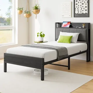 MODFU Metallbett Jugendbetten 90 x 200 Bettgestell mit Hohem Kopfteil Jugendbett mit Lattenrost,Steckdose und USB-Ladefunktion,Ohne Matratze, Schwarz - Schwarz