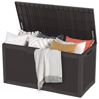 DWVO Gartenbox Auflagenbox Aufbewahrungsbox Kissenbox Outdoor Gartentruhe|Moderne Rattan|Wasserdicht Gasdruckfeder|Für Sitzauflagen Gartengeräte & Kinderspielzeug|380 Liter 115.4x55x58.3cm|Dunkelbraun
