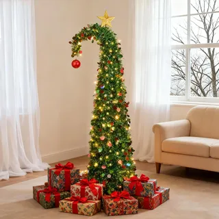 Weihnachtsbaum mit Beleuchtung 150cm – Künstlicher Pop Up Weihnachtsbaum mit Pailletten, gebogenem Zylinderhut-Design, rote Ornamente, Faltbare Alternative für Zuhause, Büro Party
