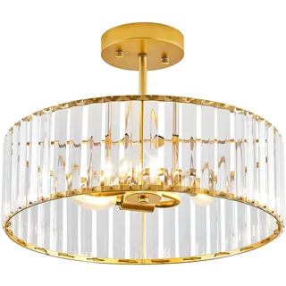 Qamra Moderne Deckenleuchte Gold Kristall Lampenschirm Deckenlampe Metall Rund 40CM 3 Flammig Hängend Lampe für Schlafzimmer Wohnzimmer Küche Flur Esszimmer E14(Glühbirnen nicht enthalten)
