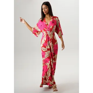 Sommerkleid ANISTON SELECTED, Damen, Gr. 48, N-Gr, bunt (rot, beige, pink), Single Jersey, Obermaterial: 95% Viskose, 5% Elasthan, bedruckt, geblümt, lässig geschnitten lang, V-Ausschnitt, weit, Kleider Sommerkleid, mit großflächigem Blüten- und Blätterdruck