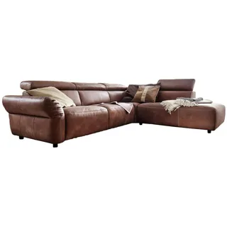 KAWOLA Ecksofa mit motorischer Sitztiefenverstellung Leder braun Recamiere rechts (verstellbar) mittelbraun