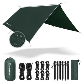 Bessport Zeltplane, Camping Zelt Tarp 3m x 3m/3m x 4m Wasserdicht PU3000 mm Tarp für Hängematte, mit Ösen & 6 Aluminiumstifte & 8 Nylonseile, Anti-UV Geeignet für Camping, Picknick, Hängematte