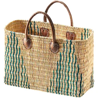 Kobolo Tasche Seegrastasche Korbtasche- STRIPES - Lederhenkel - grünes Muster - Schultertasche Umhängetasche Shoppingbag Bag Transport Korb Shopper - Braun