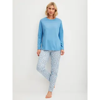 Schlafanzug CALIDA "Cotton Special", Damen, Gr. XS (36/38), blau (riviera blau), Single Jersey, Obermaterial: 100% Baumwolle, gemustert, unifarben, bequem lang, Rundhals, gerader Abschluss, Homewear-Sets Schlafanzug, Langarm, bequem, Baumwolle, Rundhals-Ausschnitt