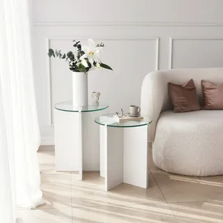 Skye Decor, Lily - White, Satztisch (2 Stück), Weiß, 100 % gehärtetes Glas, 40 x 40 x 50 cm - Weiß