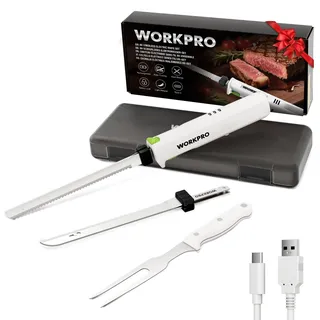 WORKPRO Elektromesser 8V, Kabelloses Küchenmesser mit 2 Edelstahlklingen, Elektrisches Messer mit Gabel, 2000 mAh Akku für Präzises Schneiden von Brot, Fleisch, mit Aufbewahrungsbox, Weiß