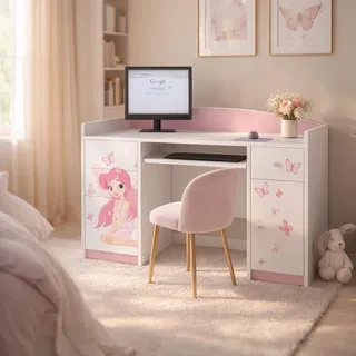 Happy Babies Schreibtisch mit Schubladen Bürotisch für Kinderzimmer Computertisch mit Tastaturablage Kinderschreibtisch mit Stauraum 125x89x60 Muster - Rosa