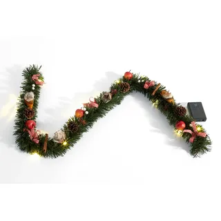 Heitmann Deco dekorierte Weihnachtsgirlande mit Äpfeln; Zimt; Zapfen und Schleifen - mit LED-Beleuchtung - grün; rot; weiß - für innen