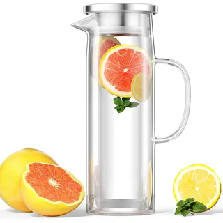 Uootach Glaskaraffe mit Deckel, Wasserkaraffe 1.5 Liter, Glas Krug karaffe aus Borosilikatglas, Hitzebeständig Wasserkocher, Karaffe Glas ideal für Milch, Saft, Tee, Kaffee oder warmes Wasser