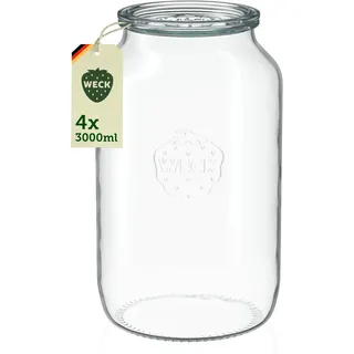Weck Zylindrisches Glas 3000 ml 4 Stück | Glas mit Deckel | Zum Einmachen von Konserven, Säften, zur luftdichten Aufbewahrung von trockenen Zutaten