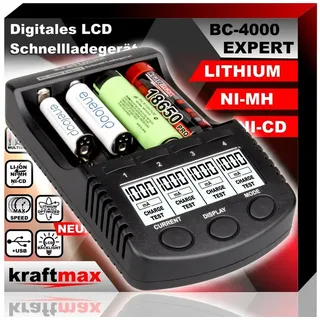 kraftmax BC-4000 Expert Ladegerät – Universelles Akku Ladegerät für AA/AAA NiMH & NiCd SMART Li-Ion Technology, Innenwiderstandsmessung, LCD Display & Refresh-Funktion