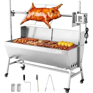 Drehspießgrill - Spanferkel- und Lammgrill Holzkohle - Motor 38 W - Tragkraft 60 kg - Grilllänge 121,8 cm - Höhenverstellung 4-stufig - Mit Rädern & Schutzblech - Für Camping
