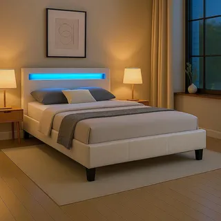 CARO-Möbel Polsterbett MIRASOL 120x200 cm, Weiß - Einzelbett mit LED Beleuchtung im Kopfteil, inkl. Fernbedienung, Jugendbett aus Kunstleder mit Lattenrost