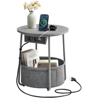 VASAGLE Beistelltisch rund, Kleiner Tisch, Couchtisch mit Steckdose, Wohnzimmertisch, Korb aus Stoff, Stauraum für Wohnzimmer Schlafzimmer, Nachttisch modern, Taubengrau-schiefergrau LET228G02