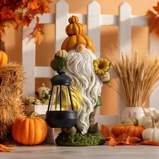 TERESA'S COLLECTIONS Herbstdeko Outdoor, Gartendeko für Draußen, Gartenzwerg lustig Wetterfest Figur, Herbst Dekoration mit Solarleuchte,Geschenke für Frauen