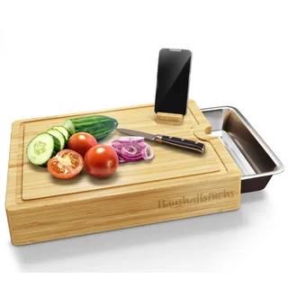 HaushaltsFuchs® Premium 100% FSC® Bambus Schneidebrett mit großer Auffangschale, Handyhalterung & Saftrille – XXL Küchenbrett Holz mit Edelstahl Auffangbehälter - Brett mit Wanne/Schale (rutschfest)