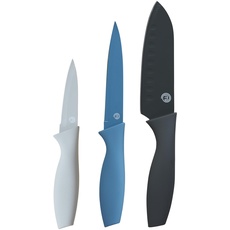 MasterChef Küchenmesser Set, Messerset ink. Kochmesser, Gemüsemesser & Schälmesser, Scharfe Messer Edelstahl, Antihaftbeschichtete, Soft-Touch-Griffe, Blau, 3-teilig