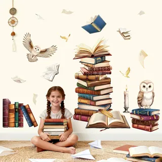 decalmile Wandsticker Zauberbuch Kinder Wandtattoo Fliegenden Büchern Eule Wandaufkleber Mädchen Kinderzimmer Klassenzimmer Lesen Ecke Wanddeko