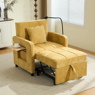 MODFU Schlafsessel Schlafsofa 1 Sitzer 5 Fach Verstellbare Rückenlehne Liegefunktion Extra Lange Liegefläche Wohnzimmer Chenille Senfgelb - Gelb