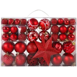 101 Stück Weihnachtskugeln Set mit Baumspitze Stern Christbaumkugeln Kunststoff Christbaumschmuck Set mit Aufhängen Matt, Glänzend, Glitzernd, Weihnachtsschmuck Deko für Drinnen & Draußen (Rot)