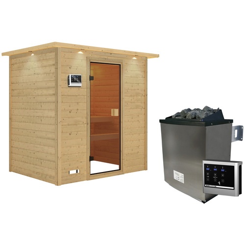Bild von Sauna Sonja mit bronzierter Tür und Kranz Ofen 9 kW Saunaofen ext.