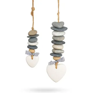 Deko Hänger Steinherz 2er Set – Naturstein & Herzanhänger mit Schleife, Fenster- oder Wanddeko, rustikale Hängedeko für Zuhause & Garten
