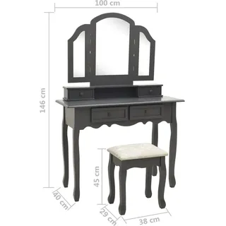 vidaXL Schminktisch-Set mit Hocker Grau 100x40x146 cm Paulownia-Holz