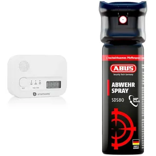 Smartwares Kohlenmonoxid melder & ABUS Abwehrspray SDS80 zur Tierabwehr – hochwirksames Pfefferspray zur Selbstverteidigung bei Tierangriffen – mit Jet-Sprühstrahl für bis zu 5 Meter Reichweite