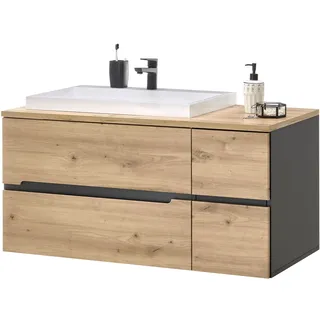 BASIC by Balculina MEMPHIS Badezimmer Waschbeckenunterschrank mit Waschbecken in Artisan Eiche Optik, Grau - Bad Unterschrank schwebend mit viel Stauraum - 110 x 54 x 53 cm (B/H/T)